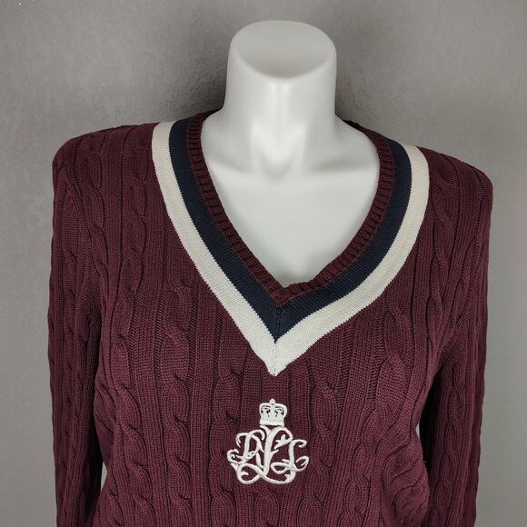 Ralph Lauren Cable-Knit Cotton Cricket Sweater XXL Burgundy, Crest Logo, Preppy - Picture 9 of 15